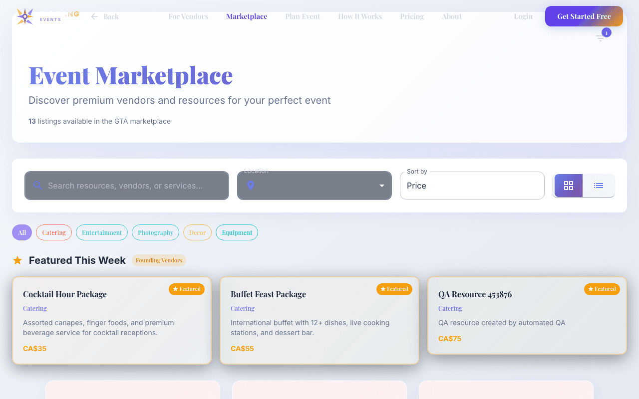 Event Marketplace showing vendor search, category filters, and featured vendor listings