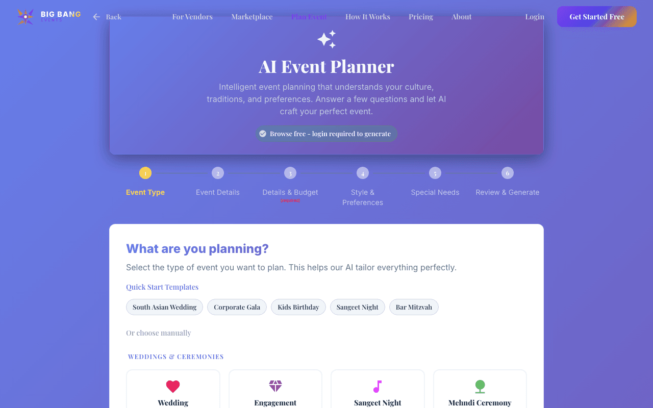 AI Event Planner form showing event type selection with quick start templates